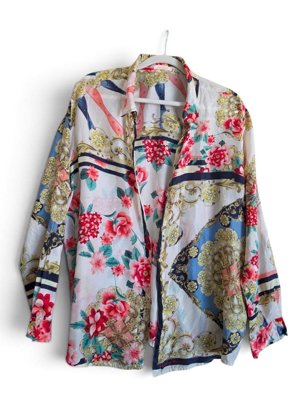 Johnny Was White Floral & Navy Scarf-Print Button Down Shirt